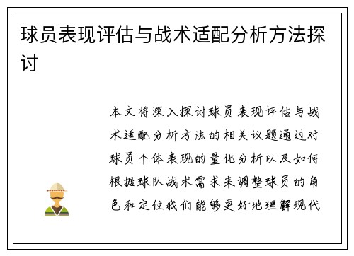 球员表现评估与战术适配分析方法探讨